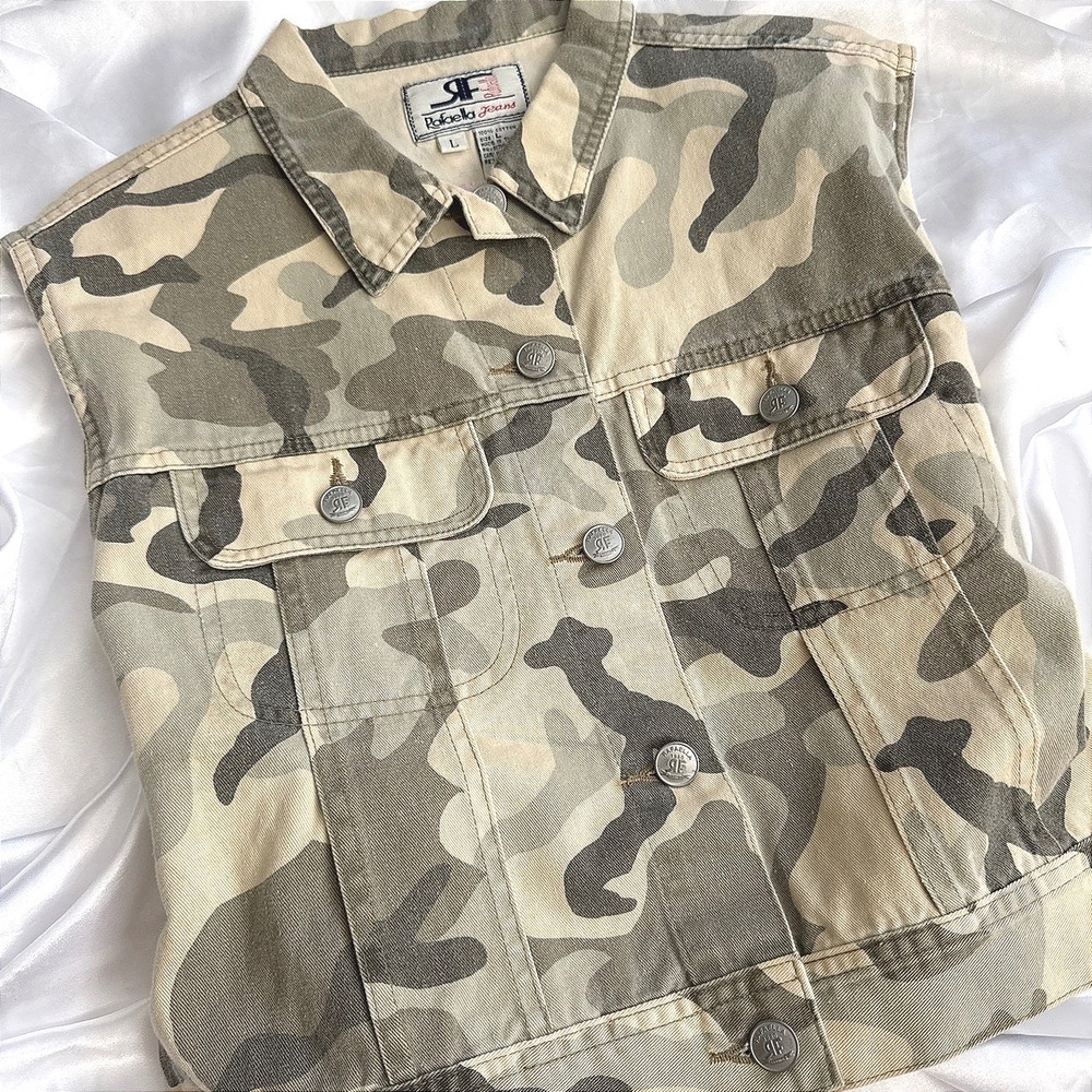 Rafaella Jeans Camo Denim Vest Tan Green Camouflage Cotton Trucker Large